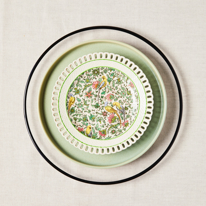 Black halo glass, green and floral vintage mixed plates.