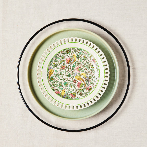 Clear with black rim, green, cream and floral detailing mixed plate set.