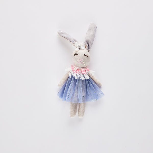 Grey easter bunny with blue dress.