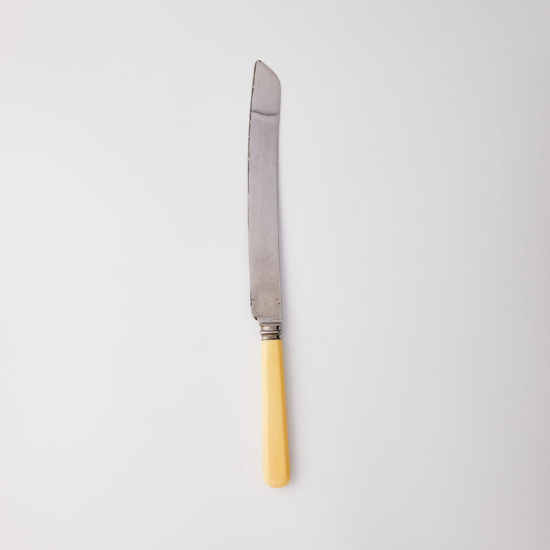 Silver knife with yellow handle.