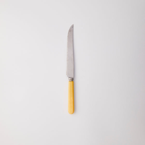 Silver knife with yellow handle.