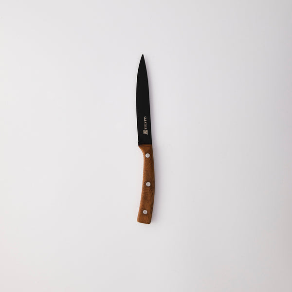 Black knife with wood handle. 