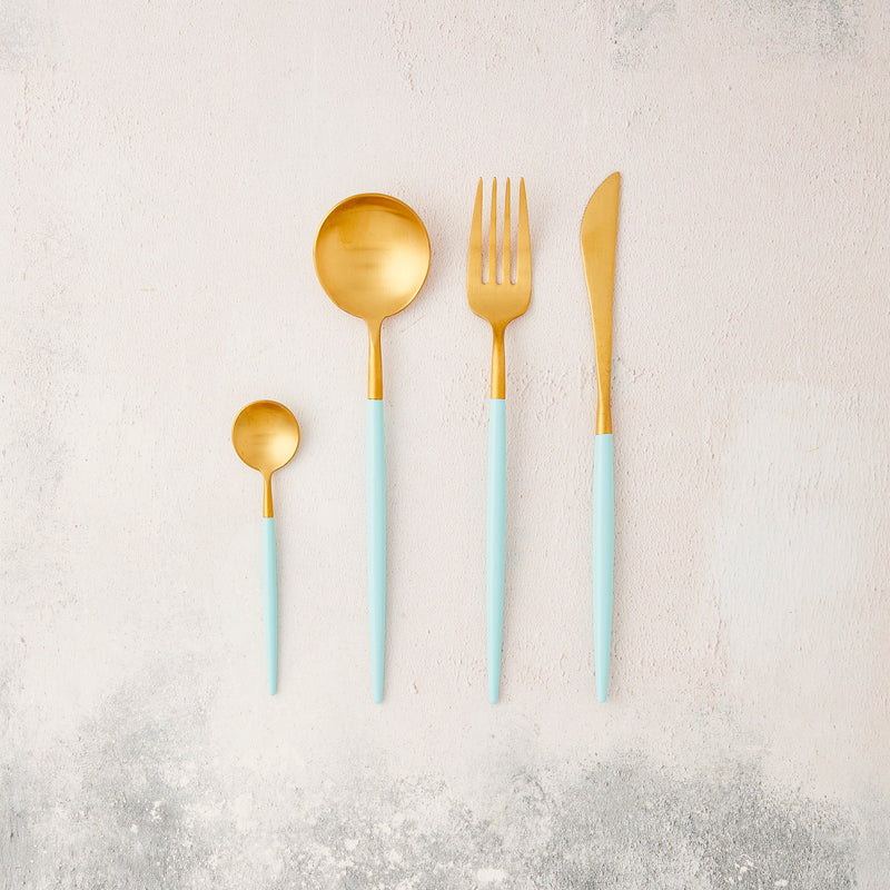 Gold with mint handle cutlery.