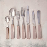 Silver with nude handle cutlery.