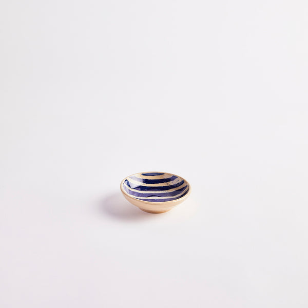 Cream with blue striped detail pinch pot. 