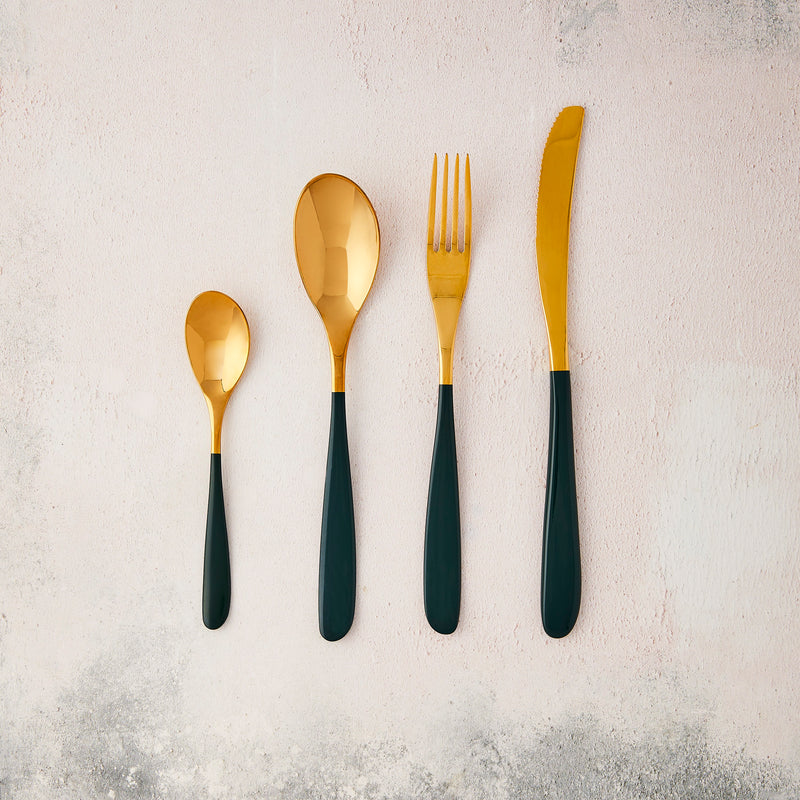 Gold with dark green handle cutlery.