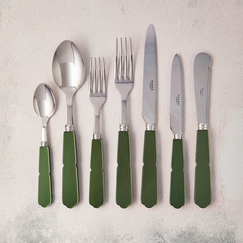 Silver with green handle cutlery.