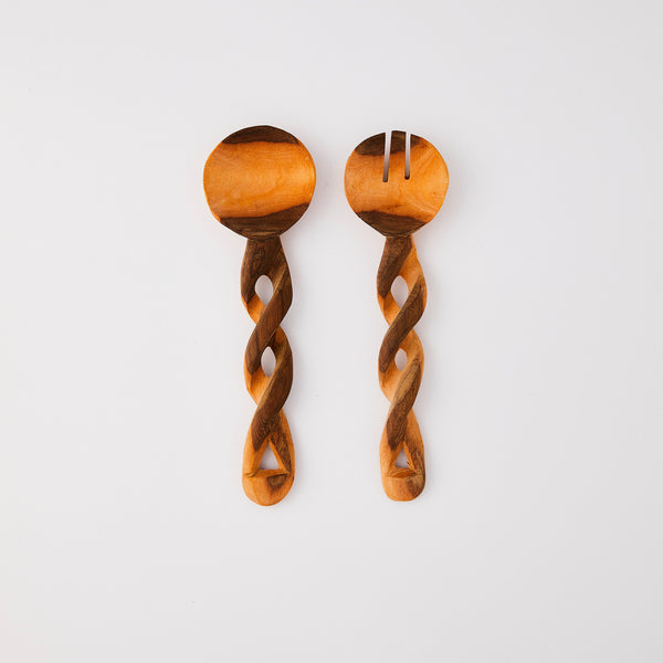 Wooden serving cutlery with twisted handles. 
