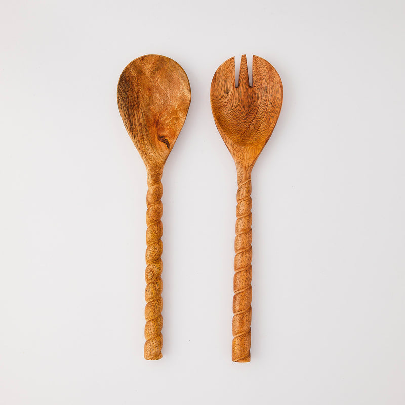 Wooden serving cutlery with spiral handle.