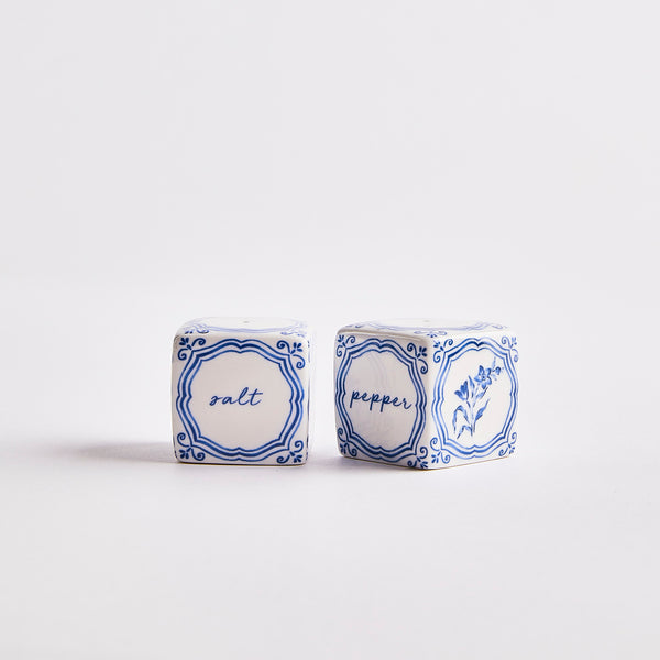 White with blue design salt and pepper shaker.