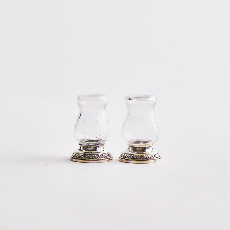 Clear glass with silver base shakers.