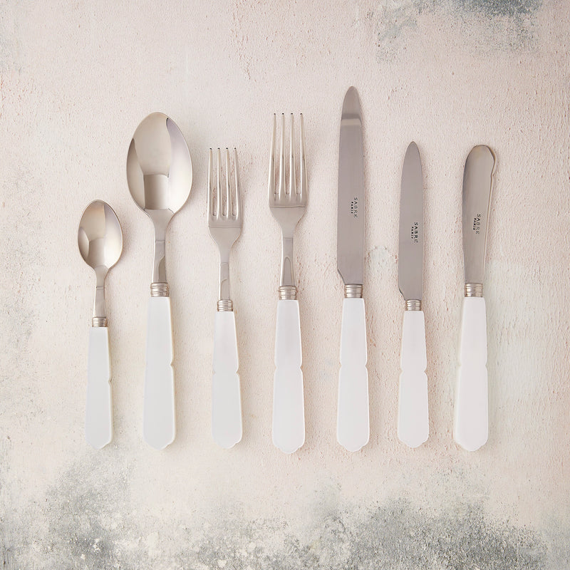 Silver cutlery with white quartz handle.