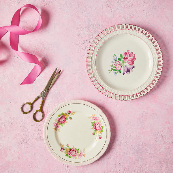 Vintage floral plates on Social Pink Background.