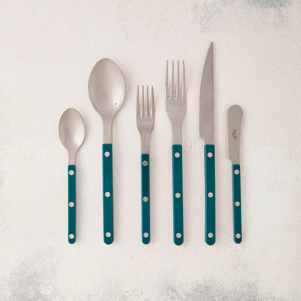 Silver with teal handle cutlery.
