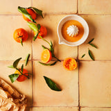 Top view of oranges and juicer on Orange Plain Tile Background.