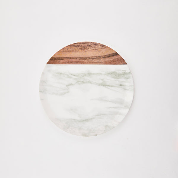 White marble and wood circular tray.