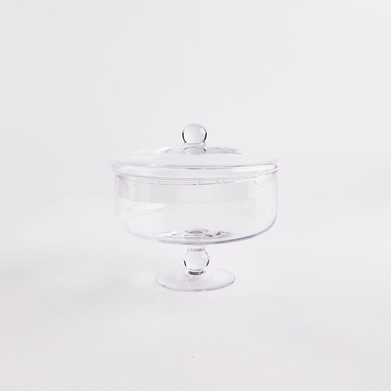 Clear glass trifle with lid.