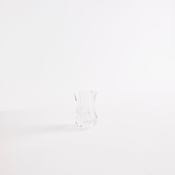 Clear glass vase with etched design.