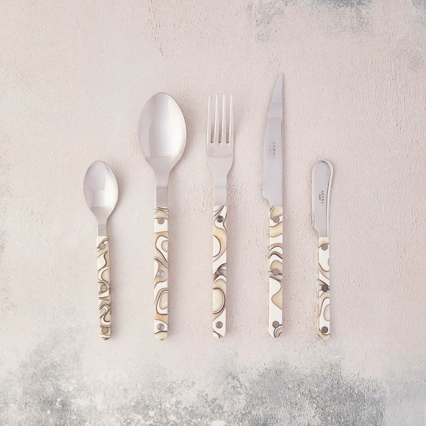 Silver with white marble handle cutlery.