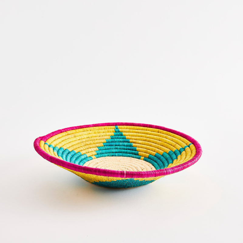 Yellow and blue star design with pink rim woven basket.