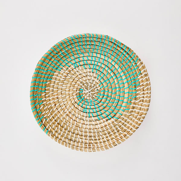 Turquoise swirl with white detail woven basket.
